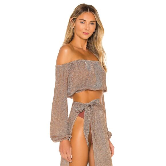 Lovers & Friends Nayelli Crop Top Gold Knit Off the Shoulder Long Sleeve Sz M - Picture 2 of 11